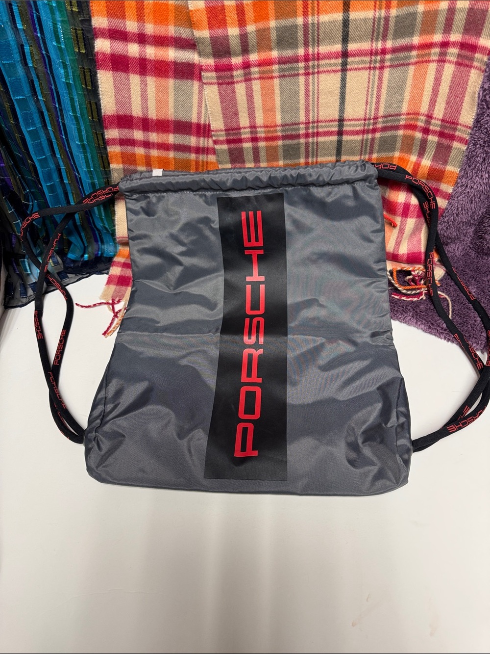 Porsche Design Gray Drawstring Backpack with Red Logo